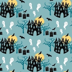 Small // Spooky Manor: Halloween Haunted House, Gravestones, Full Moon, Bats, Trees, Ghosts - Light Blue