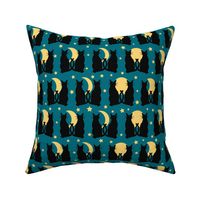 Medium // Moonlight Whiskers: Halloween Black Cats, Moon Phases and Stars - Teal Blue