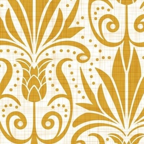 Delancy Cornflower Floral Damask - White Faux Linen Goldenrod Yellow Large Scale