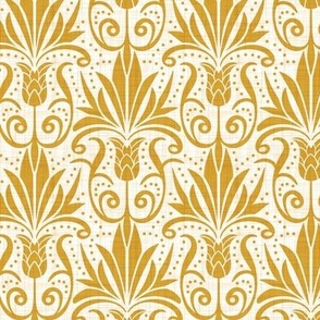 Delancy Cornflower Floral Damask - White Faux Linen Goldenrod Yellow Regular Scale