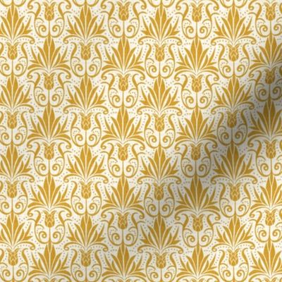 Delancy Cornflower Floral Damask - White Faux Linen Goldenrod Yellow Small Scale