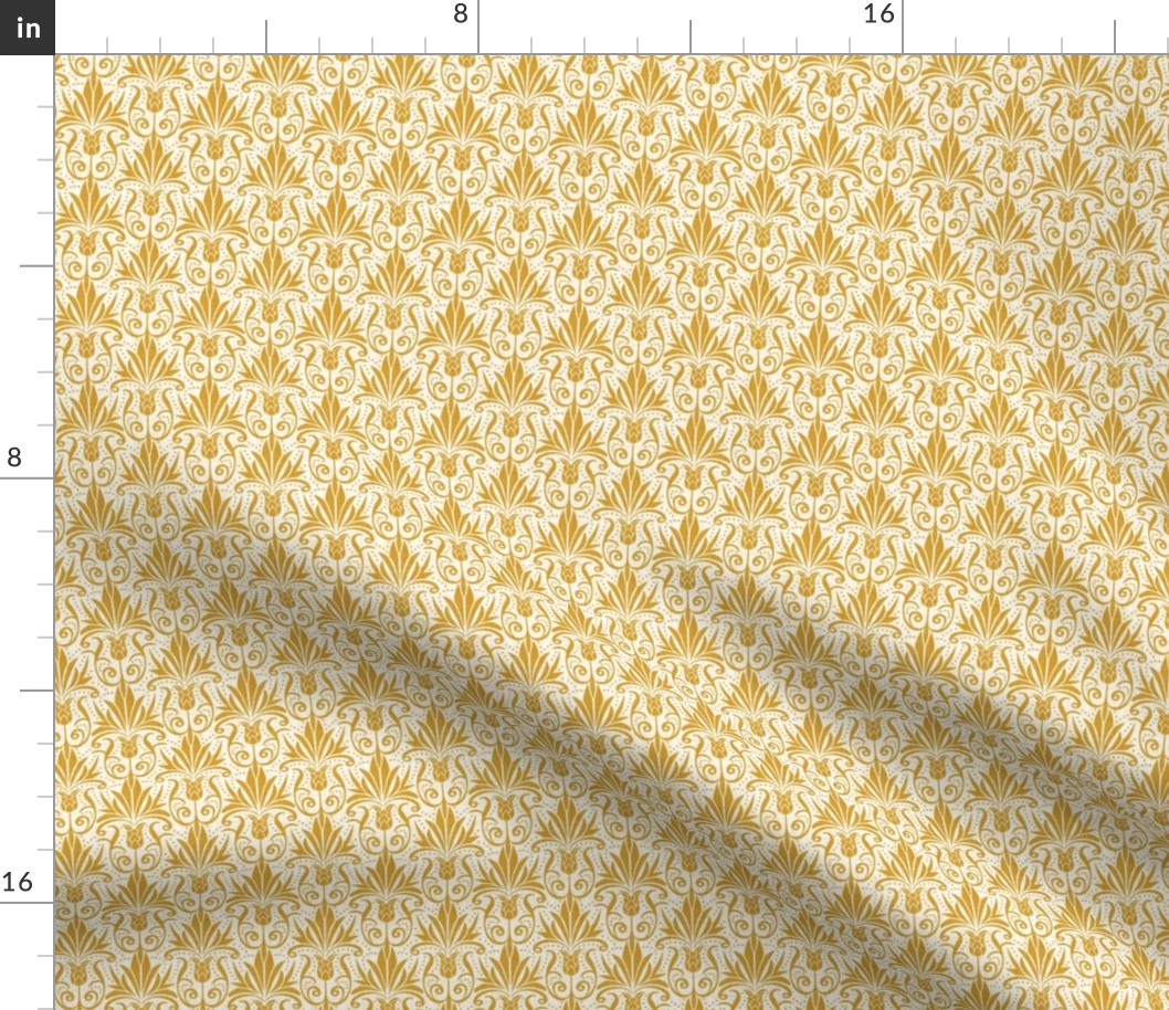 Delancy Cornflower Floral Damask - White Faux Linen Goldenrod Yellow Small Scale