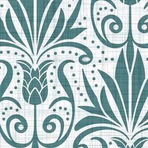 Delancy Cornflower Floral Damask - White Faux Linen Teal Large Scale