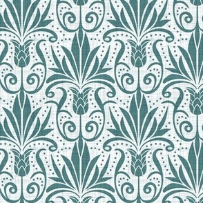 Delancy Cornflower Floral Damask - White Faux Linen Teal Regular Scale