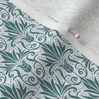 Delancy Cornflower Floral Damask - White Faux Linen Teal Small Scale