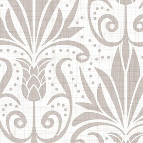 Delancy Cornflower Floral Damask - White Faux Linen Taupe Large Scale