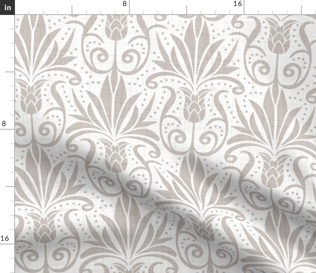 Delancy Cornflower Floral Damask - White Faux Linen Taupe Large Scale