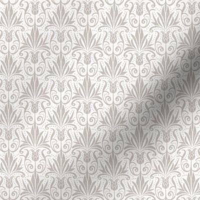 Delancy Cornflower Floral Damask - White Faux Linen Taupe Small Scale