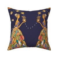 The Enchanted Love Spell - © 2022 Vanessa Peutherer -  Magical/Fantasy  Luxury Wallpaper / Bedding/Cushions -  Fantasy , Eclectic Witch, Kidult Edwardian Fabric Collage Patchwork Textile Art - Fabric - Art Panel -  Midnight Blue, Gold Leaf Embellishment 