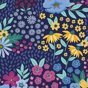 Wildflowers, colorful modern florals, medium size, blue yellow