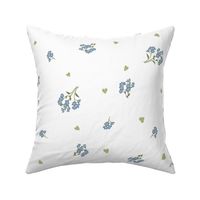 Forget me not and hearts on blue, dainty wildflowers, large size, white