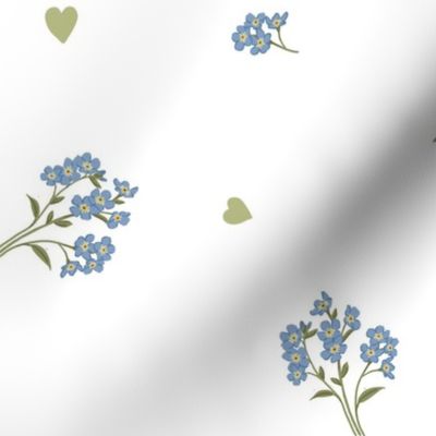 Forget me not and hearts on blue, dainty wildflowers, large size, white