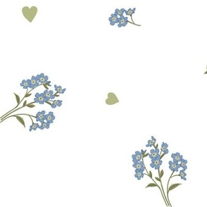 Forget me not and hearts on blue, dainty wildflowers, large size, white