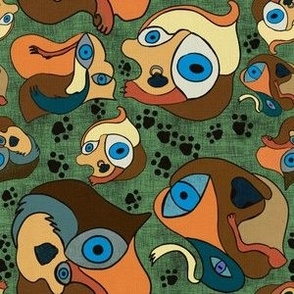Surrealist dogs with scratch background and canvas texture, multicoloured,handdrawn  Greens