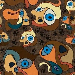 Brown Surrealist Picasso dogs with scratch background and canvas texture, multicoloured,handdrawn 