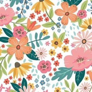 Wild and free, colorful modern florals on white, medium size