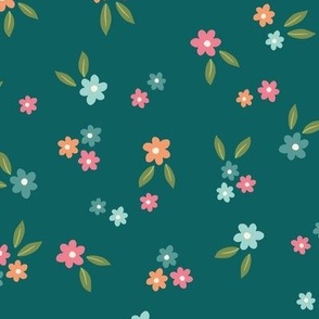 Ditsy florals on cream, medium size, sweet dainty flowers, teal
