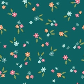 Ditsy florals on cream, small size, sweet dainty flowers, teal