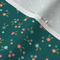 Ditsy florals on cream, mini size, sweet dainty flowers, teal
