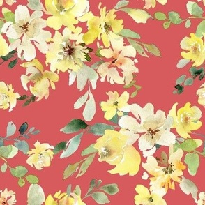Watercolor Yellow Flowers on Red