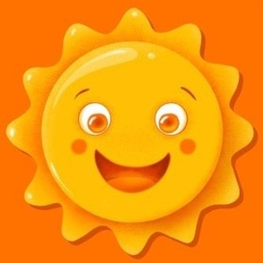 Smiling sun on orange background with cute face cartoon style handdrawn drawing.