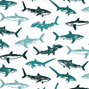 Sharks Block Print Ocean Turquoise Teal by Angel Gerardo