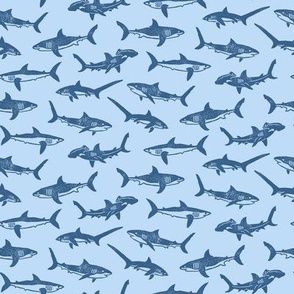 Sharks Block Print Blues by Angel Gerardo - Small Scale