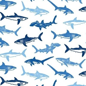 Sharks Block Print Ocean Blues by Angel Gerardo