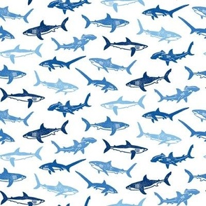Sharks Block Print Ocean Blues by Angel Gerardo - Small Scale