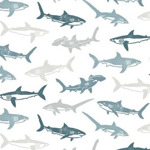 Sharks Block Print Coastal Blue Gray Grey by Angel Gerardo