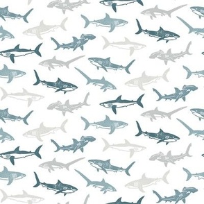 Sharks Block Print Coastal Blue Gray Grey by Angel Gerardo - Small Scale