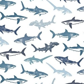 Sharks Block Print Coastal Blues by Angel Gerardo