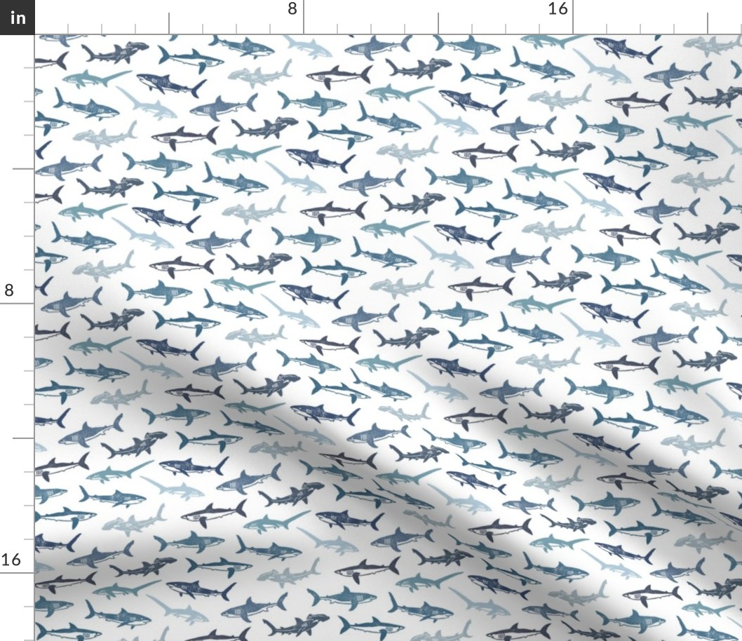 Sharks Block Print Coastal Blues by Angel Gerardo - Small Scale