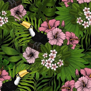 Joyful Jungle:Toucans and tropical flora, green and pink