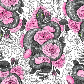 Snakes and pink roses on white