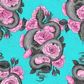 Snakes and pink roses on turquoise