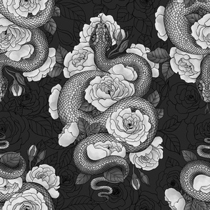 Snakes and roses, monochrome