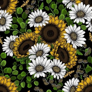 Sunflowers and daisies, summer garden on black