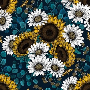 Sunflowers and daisies, summer garden on dark blue