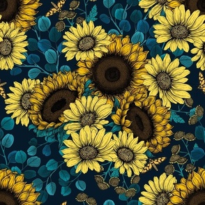 Sunflowers and yellow daisies, summer garden on dark blue