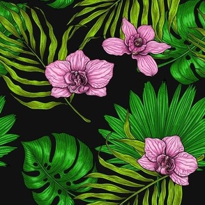 Orchids and palm leaves, pink and green