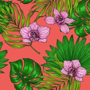 Orchids and palm leaves, pink and green on coral