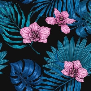 Orchids and palm leaves, pink and blue