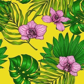 Orchids and palm leaves, pink and green on lemon lime