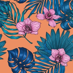 Orchids and palm leaves, pink, blue and peach
