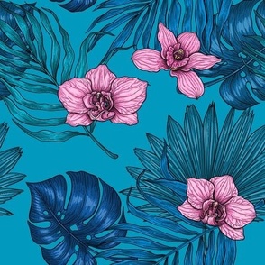 Orchids and palm leaves, pink and blue