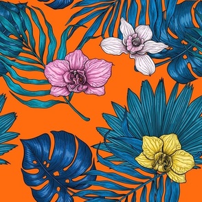 Orchids and palm leaves, pink, yellow and blue on orange