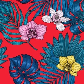 Orchids and palm leaves, pink, yellow and blue on red