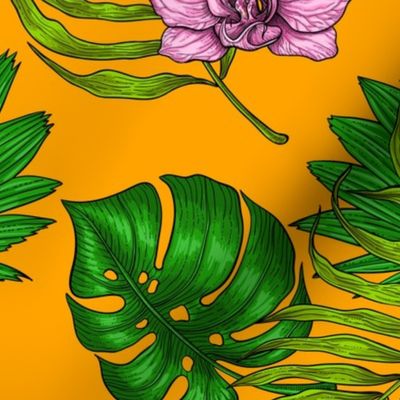 Orchids and palm leaves, pink, yellow, green and orange