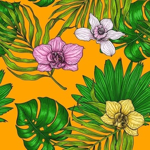 Orchids and palm leaves, pink, yellow, green and orange